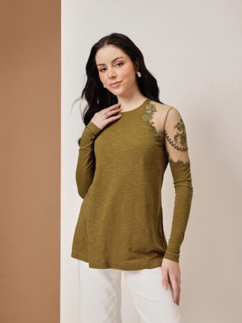 Olive Lace-Detail Winter Top