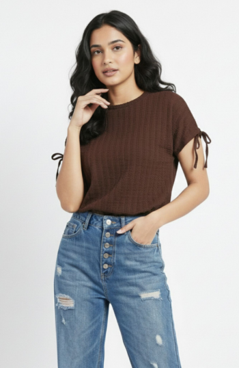 Brown Polyester Top with Sleeve Tie Detail