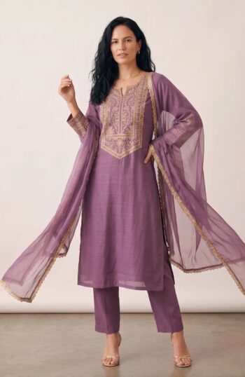 Lavender Ethnic Embroidered Kurta Set