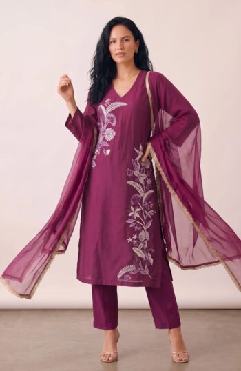 Wine Ethnic Floral Embroidered Kurta Set