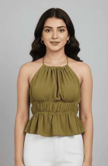 Olive Solid Tie-Up Halter Top
