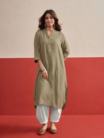 KHAKI STRIPE BUTTON WHITE AFGANI SET