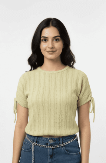 Cream Textured Polyester Top with Tie-Up Sleeves