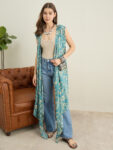 TEAL DAMASK PRIN WATERFALL SHRUG