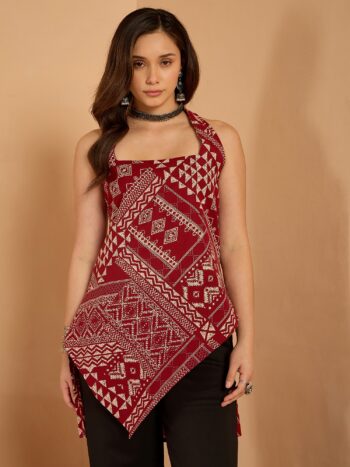 MAROON TRIBAL PRINT NECK TIE UP TOP