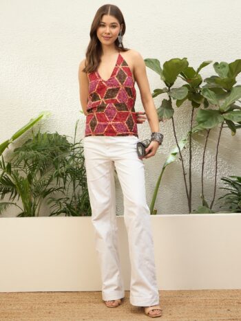 RED PB DIAMOND V NECK HALTER TOP