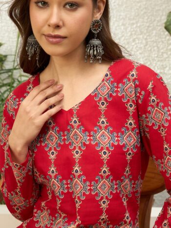 RED SANGANERI V NECK FULL SLEEVE TOP
