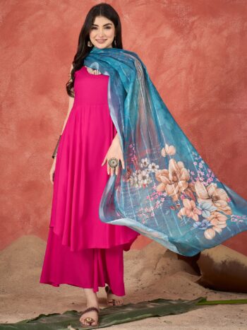 D61 STEEL BLUE BEIGE BIG FLORAL DUPATTA