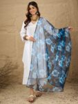 D75 BLACK BLUE FLOWER ORGANZA DUPATTA