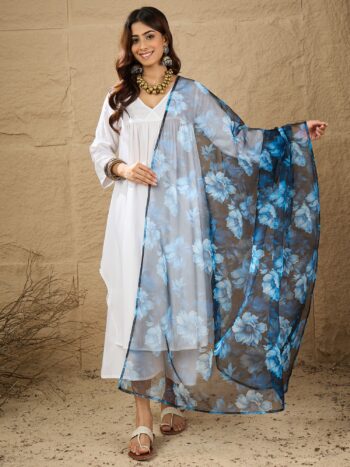 D75 BLACK BLUE FLOWER ORGANZA DUPATTA
