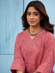 DUSTY PINK KHADI LINEN V NECK LONG DRESS