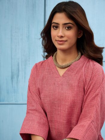 DUSTY PINK KHADI LINEN V NECK LONG DRESS