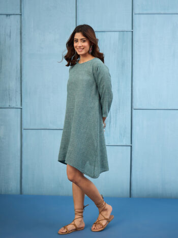 BLUE KHADI LINEN SHORT DRESS