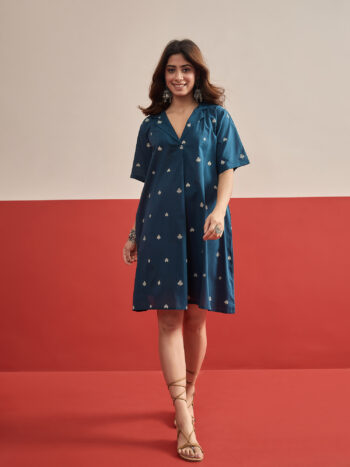 BLUE CARDS PRINT COLLAR NECK DRESS