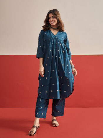 BLUE CARDS PRINT FLEARD KURTA PANT SET