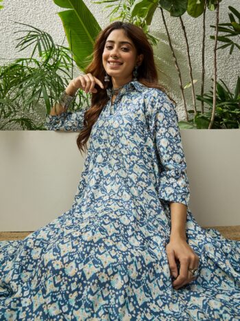 POWDER BLUE IKKAT PRINT FLARED DRESS