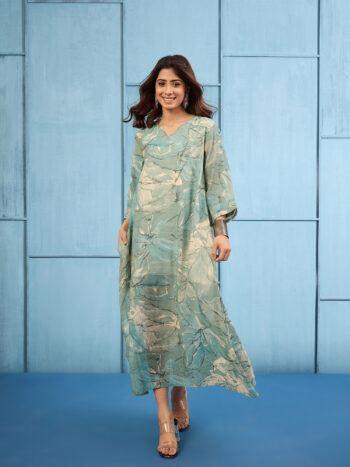 STEEL BLUE 3D V NECK LONG DRESS
