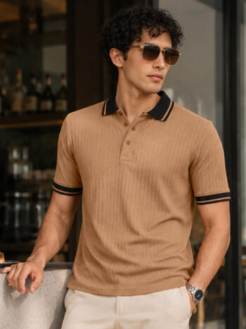 Maniac Mens Textured Polo Neck Half Sleeve Coral Orange and Black Cotton T-Shirt