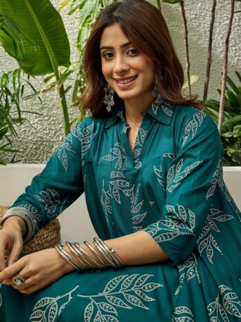 DARK TEAL LEAF PRINT FLARED DRESS