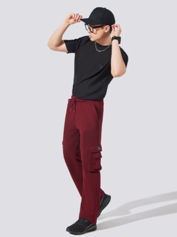 Maniac Men Solid Burgundy Baggy fit Cargo Pant