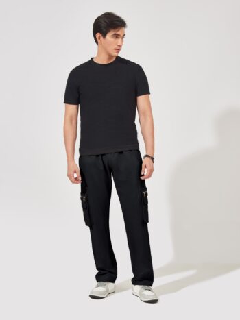 Maniac Men Solid Black Oversized Cotton Cargo Pant
