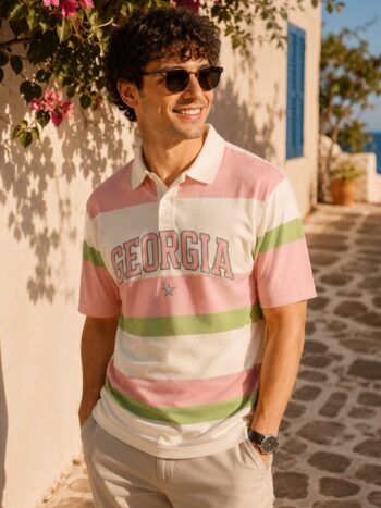 Maniac Mens Polo Neck Printed & Striped Half Sleeve Pink and White Cotton Oversized Fit T-Shirt