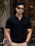Maniac Mens Black Ripple Knit Polo T-Shirt