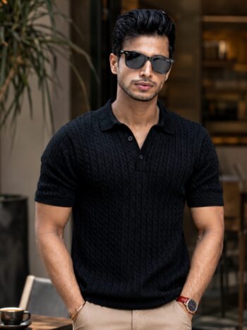 Maniac Mens Black Ripple Knit Polo T-Shirt