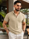 Maniac Mens Checked Flatknit Beige Cotton Slim Fit T-Shirt