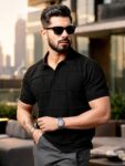 Maniac Mens Half Sleeve Black PointNet Flat Knit Cotton Polo T-Shirt
