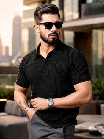 Maniac Mens Half Sleeve Black PointNet Flat Knit Cotton Polo T-Shirt