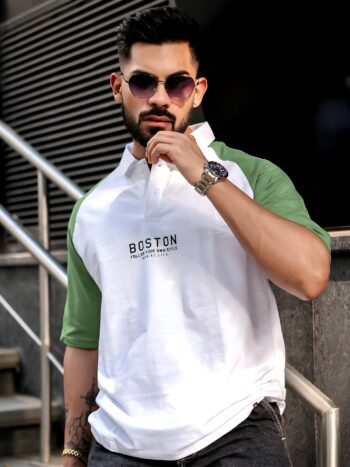 Maniac Mens Printed Raglan Polo Neck Half Sleeve White and Hunter Green Cotton Oversized T-Shirt