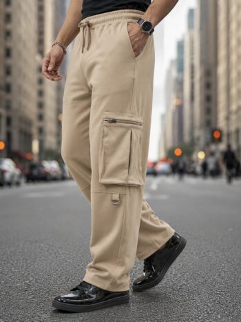 Maniac Men Solid Beige Cotton Baggy Cargo Pant