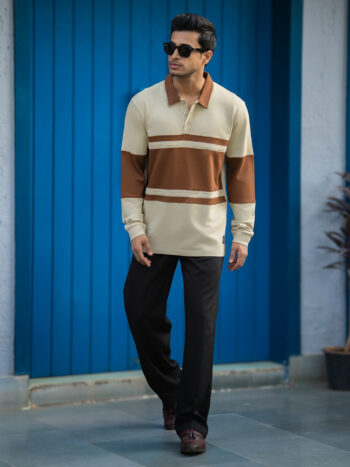 Maniac Men Color Block Polo Neck Full Sleeve Beige and Brown Cotton T-Shirt