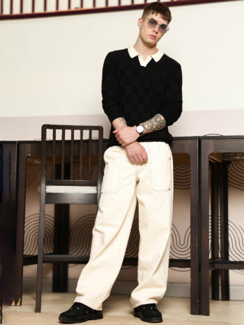 Maniac Men Solid Cubic Textured Knit Full Sleeve Black and Cream Slim Polo T-shirt