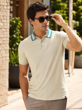 Maniac Mens Solid Polo Neck Half Placket Half Sleece Biscuit Cotton Slim Fit Polo T-Shirt