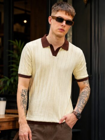 Maniac Mens Solid Textured Polo Neck Half Sleeve Cream and Brown Cotton Blend T-Shirt