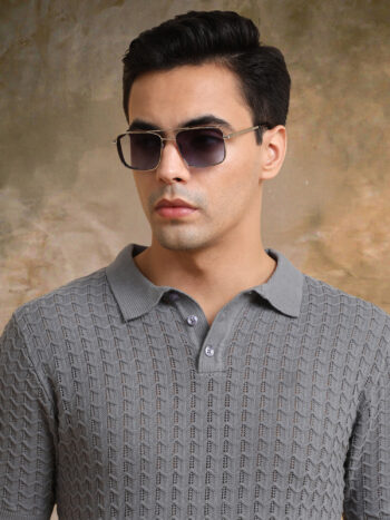 Maniac Mens Textured Polo Neck Half Sleeve Dark Grey FlatKnit Cotton T-Shirt