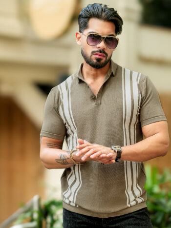 Maniac Mens Vertical Stripe Polo Neck Half Sleeve Green and White FlatKnit Cotton T-Shirt