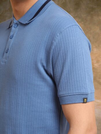 Maniac Men Solid Polo Neck Half Sleeve Denim Blue Cotton Slim Fit T-Shirt