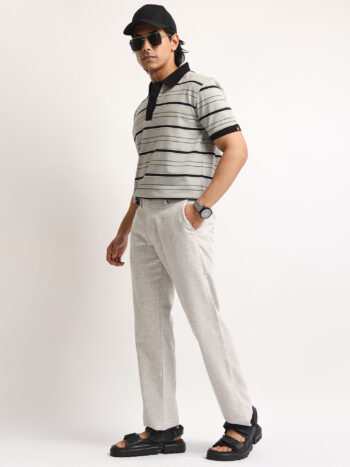 Maniac Men Neutral Stripe Polo Neck Half Sleeve Grey and Black Cotton Polo T-Shirt