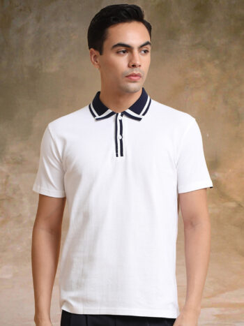 Maniac Mens Solid Twintone Polo Neck Half Sleeve White and Navy Cotton Polo T-Shirt