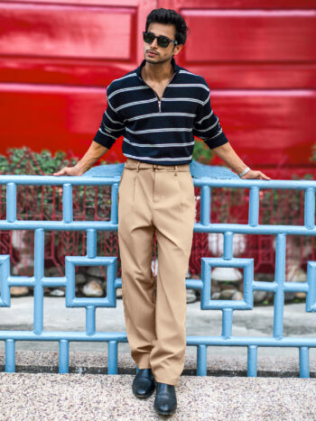 Maniac Mens Solid Dark Beige Belted Cotton Blend Trouser