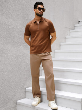 Maniac Mens Solid Dark Beige Button Cotton Blend Trouser