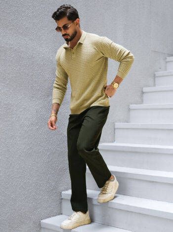 Maniac Mens Solid Green Button Cotton Blend Trouser