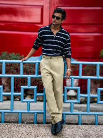 Maniac Mens Solid Light Beige Belted Cotton Blend Trouser