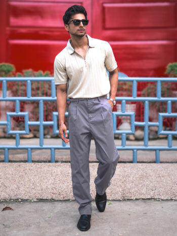 Maniac Mens Solid Light Grey Belted Cotton Blend Trouser