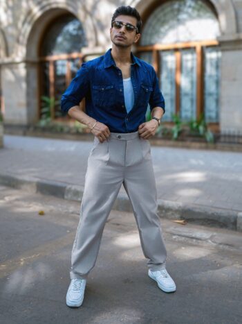 Maniac Solid Sky Blue Woven Fabric Korean Fit Trouser