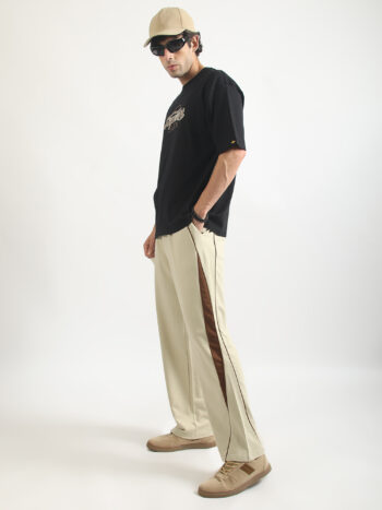 Maniac Men Side Tape Color Block Biscuit and Brown Cotton Baggy Trackpant