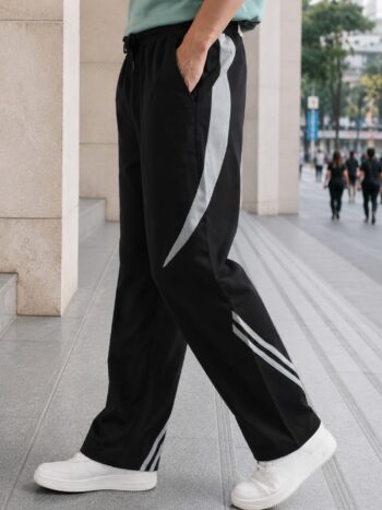 Maniac Men Side Tape Color Block Black and Light Grey Cotton Baggy Trackpant